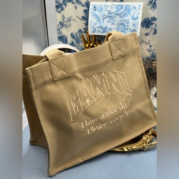 🆕 GANNI 🧿 NWOT Large Easy Shopper Tote Bag, Beige Canvas & Beige Embroidery - Picture 9 of 14